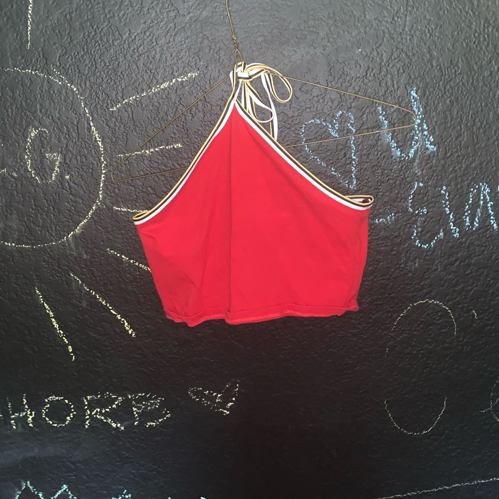 Red crop top that ties around your neck.